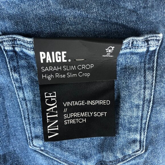 Paige Sarah Slim Crop High Rise Jeans Skysong Wash Destroyed Hem Denim 27 - Picture 3 of 5